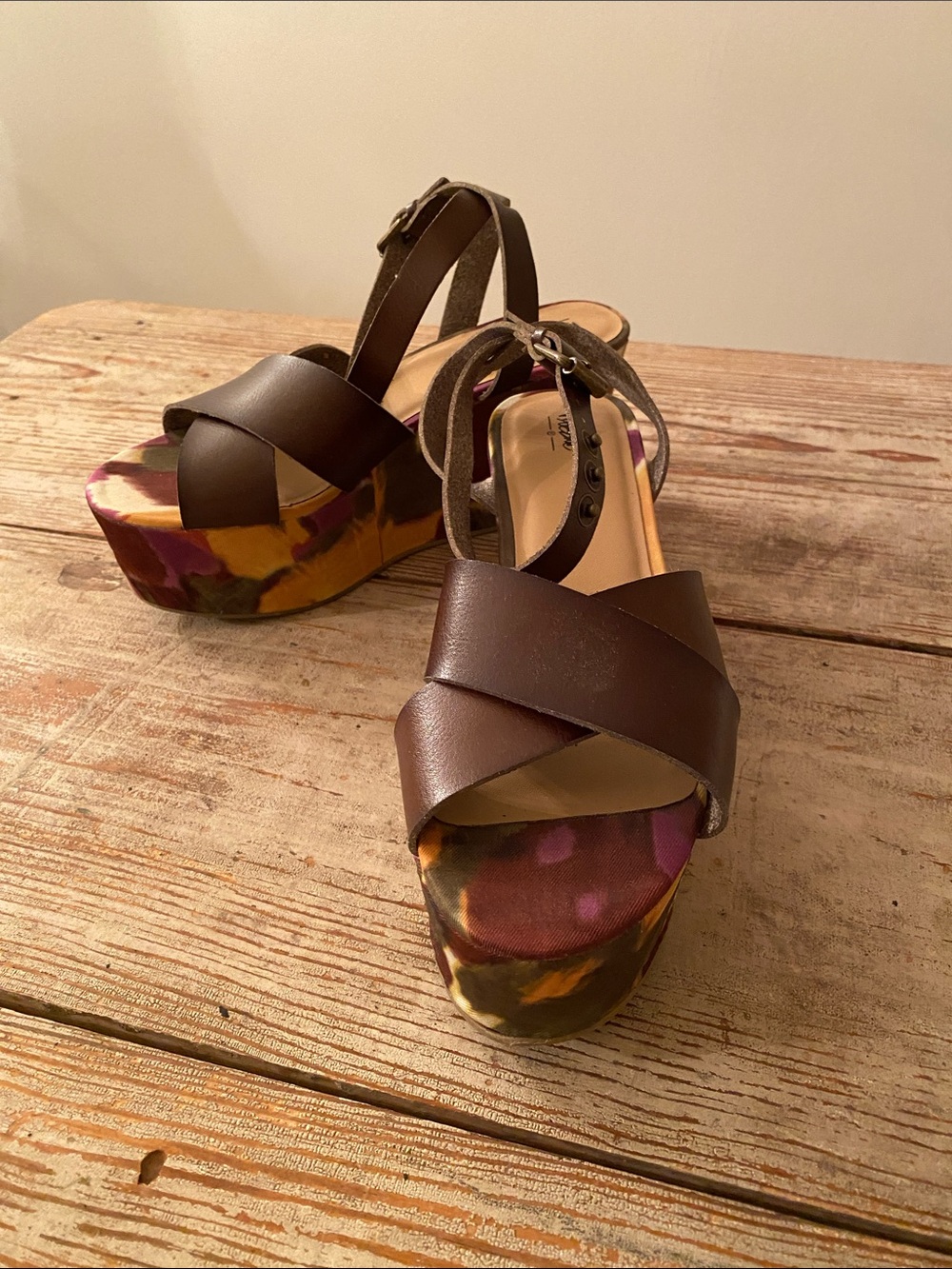 Massimo Brown Leather Cross-Strap Platform Sandals with Floral Multicolor Sole